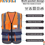A-SAFETY High Visibility Mesh Safety Reflective Vest with Pockets and Zipper,Hi Vis Viz Reflective Safety Vest(Orange&Navy Mesh XL)