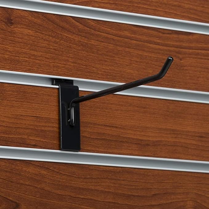 KINGDOM SOLUTIONS – 24-Pack Black Metal Slatwall Hooks (12x 4, 12x 6) – Heavy-Duty Slat Wall Accessories for Garage Organization, Retail Displays & Tool Storage Systems
