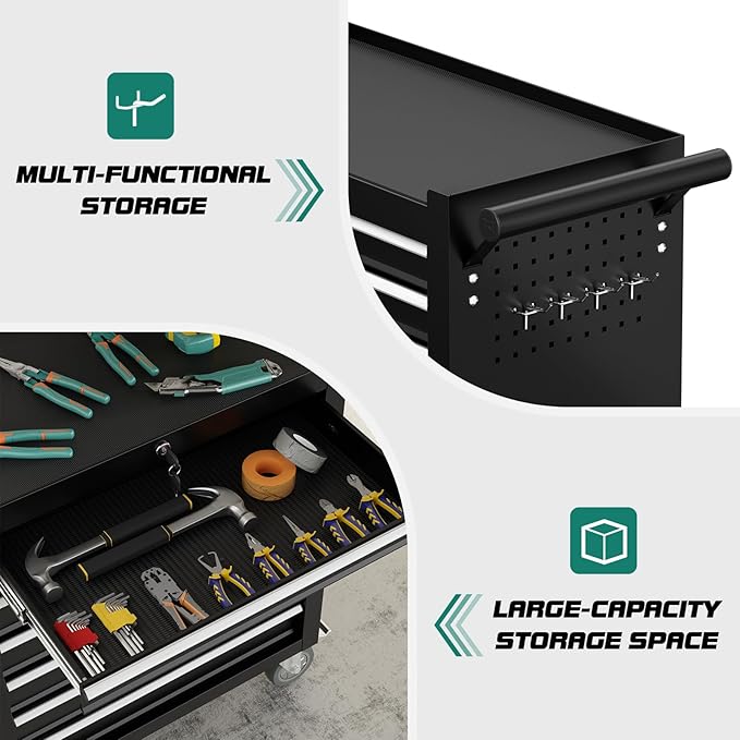 7-Drawer Rolling Tool Chest with Wheels, Tool Box with Locking System and Sliding Drawers, Heavy Duty Tool Box Organizer for Garage, Warehouse, Workshop (Black)
