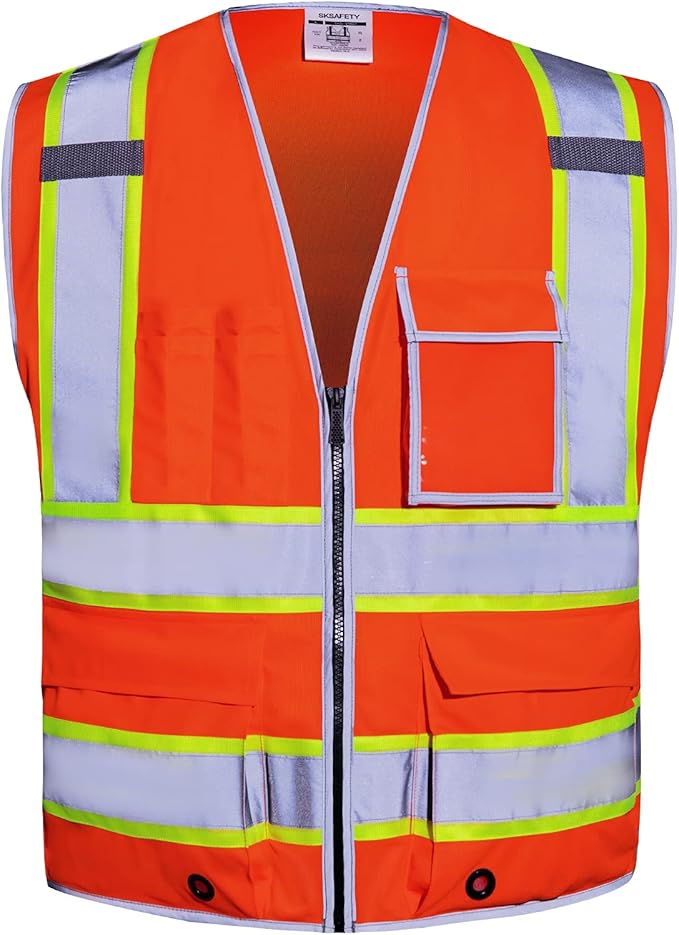 SKSAFETY 10 Pockets Safety Vest, Class 2 High Visibility Security with Zipper, Hi Vis Vest with Reflective Strips, ANSI/ISEA Standard, Construction Work Vest for Men ＆ Women （Orange, 5XL）