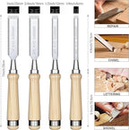GREBSTK 4 Pcs Wood Chisel Set, CRV Steel Bevel Sharp Edge Bench Chisels with Safety Caps, Comfortable Oversized Solid Wood Handle, for Woodworking and DIY Projects, 11"x(1/4", 1/2", 3/4", 1")