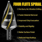 Four Spiral Flute Step Drill Bit, HSS Step Drill Bit 3/16"-1-3/8" (19 Steps) Unibit Step Drill Bit, 1/4" Shank Step Bits for Aluminum, Wood, Plastic, Metal