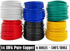 GS Power 300ft 14 Gauge Wire Oxygen Free Pure Copper Primary Wire, 50ft Roll, 6 Colors, OFC 12v 14AWG for Automotive Audio Video Electric Trailer Stereo RC Car Home Theater LED Lamp Wiring Electrical