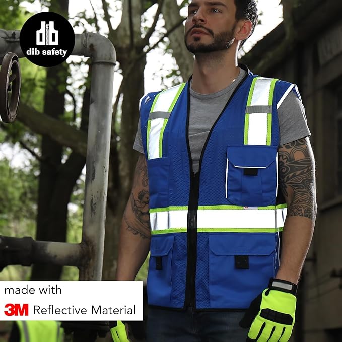 Dib Safety Vest Reflective Blue Mesh, High Visibility Vest with Pockets and Zipper, Heavy Duty Vest Made with 3M Reflective Tape XL