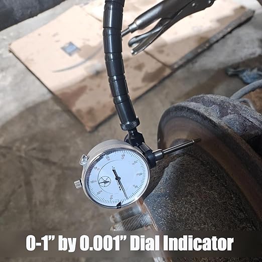 Disc Brake Rotor Ball Joint Gauge, 0-1” by 0.001” Dial Indicator, Automobile Brake Disc Flatness Runout Backlash Measuring Tool, with 13” Flexible Stem Holder & Locking Pliers