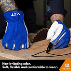 12 Pairs Bulk Leather Work Gloves for Men or Women for Construction, Wood cutting, Driving, Gardening, Automotive Repair, Water Resistant, Soft, Cowhide, Class 4 Abrasion Resistant, Blue-White, M