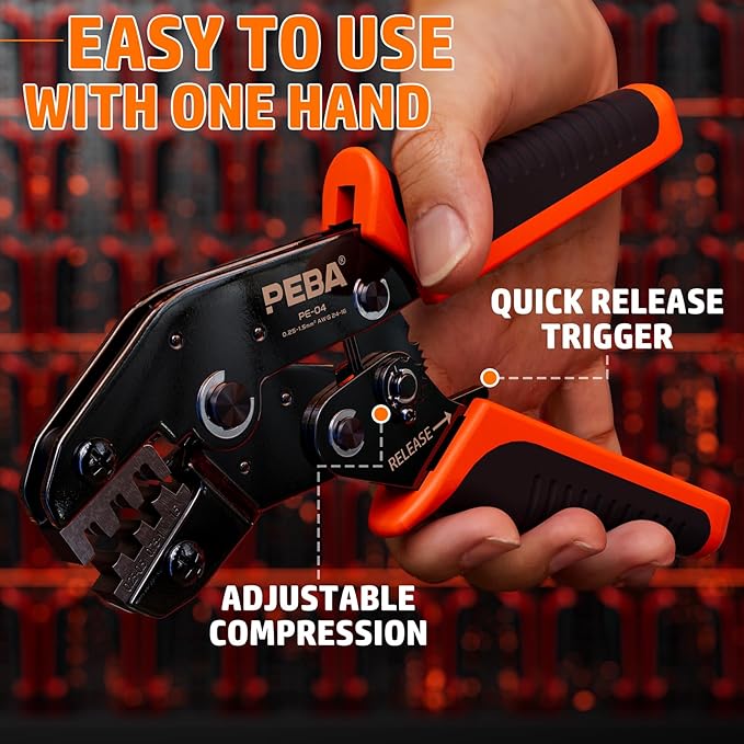 PEBA Open Terminal Connector Crimping Tool Kit, 10 Types Quick Splice Wire Spade Connector, Crimper AWG 24-14 for 2.8mm 3.5mm 3.9mm 4.8mm 6.3mm Pin Terminals, Use on Molex 2.13mm 2.36mm, AMP-TE