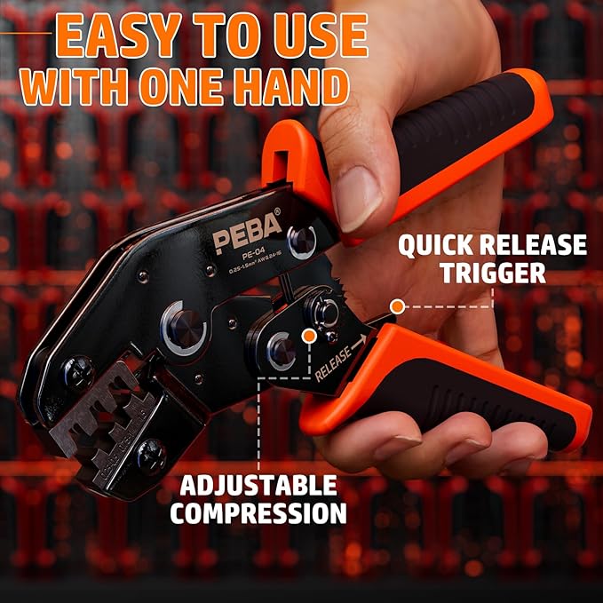 PEBA Spade Terminal Crimping Tool Kit, AWG 24-14 Crimper for Quick Disconnect Male & Female Non-Insulated Terminals 0.110"-0.250", 14 Types Spade Connector Kit - Speaker Terminals Crimping Tool