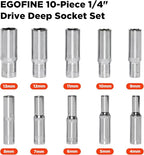 Egofine 10PCS 1/4” Drive Deep Socket Set,Metric Socket Set（4-13mm,6 Point Socket Set With Hanging Bracket,Cr-V Steel