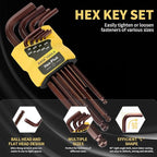 SAE Hex Key Set Ball End Long Arm S2 – 9PCS SAE Allen Wrenches, S2 Alloy Steel, 1/16–3/8 Inch, 6.7in, Bronze Finish, for US Standard Screws, Furniture, Bike Repairs