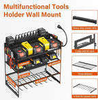 JUNNUJ Power Tool Organizer with 10 Outlet Power Strip, 4 Layer Wall Mount Drill Holder with Charging Station, 4 Drills Storage Shelf Shop Garage Utility Rack, Black