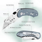 Vickay Folding Utility Knife, Box Cutter with Heavy Duty SK5 Quick Change Blades, Safety Axis Lock Design Razor Knife, Lightweight Aluminum Handle Belt Clip for Office Home Artcraft (Grey)