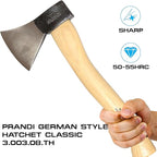 Prandi Axes German C45 Forged Carbon Steel Hatchet - Hickory Handle with Leather String - Ideal for Camping, Travel and Bushcraft - S/N 3.003.08.TH - 15" L x 6.42" W, 800g Polished Head, No Sheath