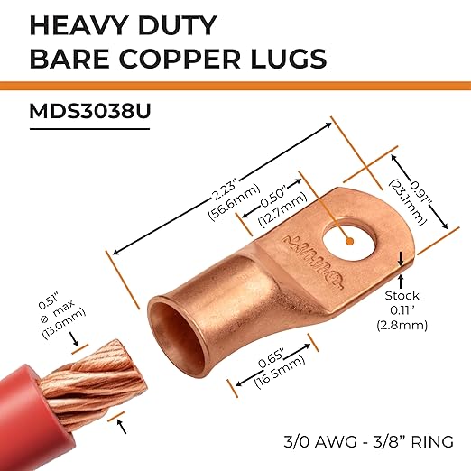 SELTERM 5pcs 3/0 AWG 3/8" Stud Copper Wire Lugs, Ring Terminals, Battery Cable Ends, 000 Gauge Ring Terminal Connectors, UL Heavy Duty Bare Copper Eyelets Battery Terminal Connectors