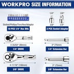WORKPRO Stubby Ratchet & Bit Driver Set 16 PCS, 1/4", 3/8" Drive Ratchet Handle Wrench, 72-T Quick-Release Reversible Socket Wrench, 2 Socket Adapters, 2 Extension Bars, 10 PCS 1/4" Hex Bits