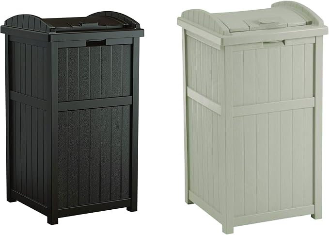 Suncast 2 Pack 33 Gallon Durable Plastic Hideaway Outdoor Garbage Can with Secure Lid and Wicker Design for Home Backyards, 1 Java Brown and 1 Taupe