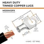 SELTERM 2pcs 4 AWG-1/2 Stud Tinned Copper Wire Lugs, Heavy Duty Battery Cable Ends,4 Guage Ring Terminals, UL Battery Lugs Marine Grade Copper Eyelets Electrical Battery Terminal Connectors