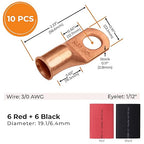 SELTERM 10pcs - 3/0 Awg - 1/2" Stud - Battery Lugs - Ring Terminal Connectors | with 12pcs 3:1 Black & Red Heat Shrink Tubing with Adhesive | Heavy Duty Battery Cable Ends - Bare Copper Wire Lugs Kit