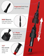 EZARC Countersink Drill Bit Set, 15 PCS Tapered Drill Bits Counter Sink Drill Bit with 2PCS Wood Plug Cutter 1/4" Hex Shank Quick Change for Woodworking with Storage Box