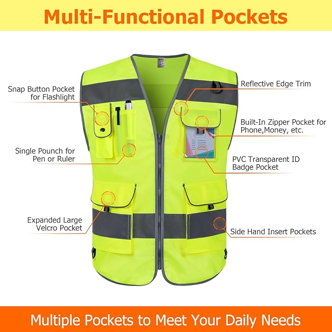 TCCFCCT High Visibility Safety Vest for Men Women 9 Pockets Hi Vis Reflective Vest for Safety, Work Vest with Reflective Strips, Meets ANSI/ISEA Standards, (Yellow, 5X-Large)