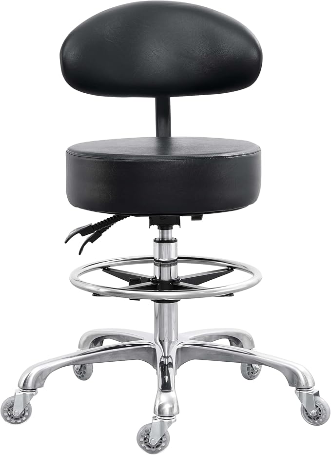 Drafting Chair Big Cushion Rolling Stool with Back, Tall Shop StoolRolling Chair with Footrest for Studio, Workshop, Classroom, Lab, Counter, Home Office (Black)