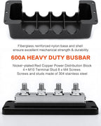 600A Heavy-Duty Bus Bar Nickel Plated Copper Distribution Terminal Block with Cover 4 M10 (3/8 in) Studs & 8 Screws Buss Bar for Solar RV Marine Car Audio 12-48V DC Battery System