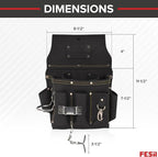 FESA Leather Electrician Tool Pouch - 13-in-1 Top Grain Leather Electrician Pouch w/Steel Hammer Loop, Tape Measure Clip, Tape T-Chain & 6 Pockets - Fits Belts up to 3" - Handcrafted