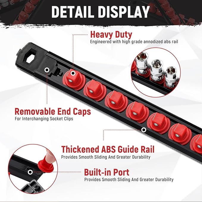 Magnetic Socket Organizer, 1-Piece Heavty Duty ABS Socket Holder, Socket Rail for Tool Box, Premium Quality 360° Swivel Socket Rack with 14 Clips for 3/8-Inch(Red)