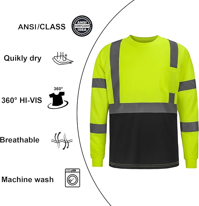 High Visibility Class 3 T Shirts，Hi Vis Safety Shirts with Reflective Strips and Pocket, Long Sleeve Quick Dry Mesh Construction Work Shirt for Men/Women Black Bottom Lime,4XL