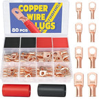 Haisstronica 80PCS Copper Wire Lugs with Heat Shrink Tube 3:1 Kit AWG 8 6 4 2,Heavy Duty Battery Cable End,Bare Copper Crimp Connectors
