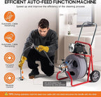 Albott 75 FT x 1/2 inch Electric Drain Cleaner Machine with Auto-Feed & 9 Cutters, Sewer Snake Auger for 1–4 Inch Pipes, Foot Switch & Wheels, Ideal for Home & Commercial Use, Grey/Red