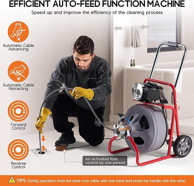 Albott 75 FT x 1/2 inch Electric Drain Cleaner Machine with Auto-Feed & 9 Cutters, Sewer Snake Auger for 1–4 Inch Pipes, Foot Switch & Wheels, Ideal for Home & Commercial Use, Grey/Red