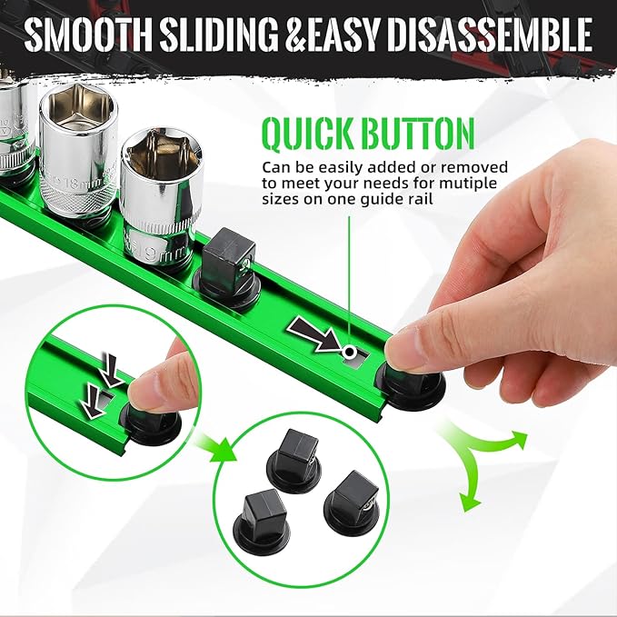 Magnetic Socket Organizer, 1-Piece Heavty Duty Aluminum Socket Holder, Socket Rail for Tool Box, Premium Quality 360° Swivel Socket Rack with 14 Clips for 1/4-Inch(Green)