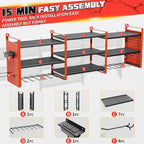 Power Tool Organizer with Charging Station Wall Mount, 3 Layer Expanded Heavy Duty Garage Organization, 48.8 Inch Length Garage Tool Storage, 4 Drill Slot, 16" Standard Hole, Red