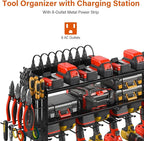 JUNNUJ Large Pegboard Power Tool Organizer with Charging Station, 8 Drills Driver and Tools Battery Holder Wall Mount with 8 Outlet 10 FT Power Strip, Black 3-Layer Shop Garage Storage Utility Rack