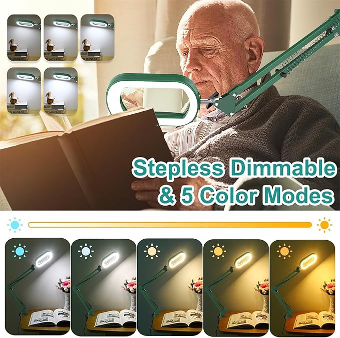 10X Rectangle Magnifying Glass with Light, 5 Color Modes Stepless Dimmable Magnifier with Stand, LED Lighted Clamp Desk Lamp with Swing Arm, Hands Free for Reading Painting Close Work - Green