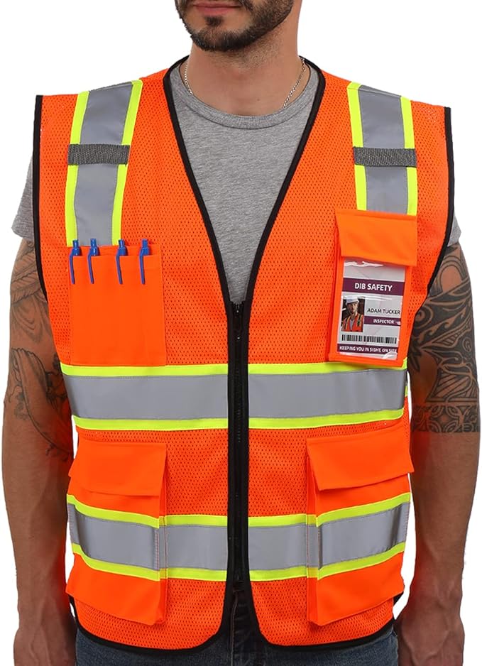 Dib Safety Reflective Mesh Vest High Visibility Two Tone with Pockets and Zipper, ANSI Class 2 Compliant, Orange Mesh with Yellow Trim XL