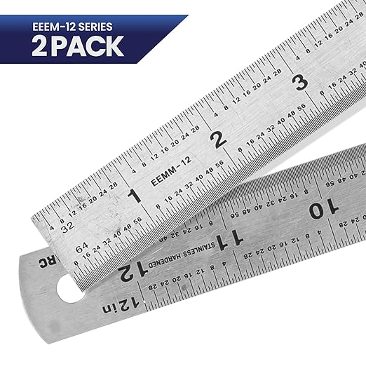 2 Pack | Pacific Arc Stainless Steel Ruler Inch and Metric, with 32nd and 64th Graduations, 12 Inches