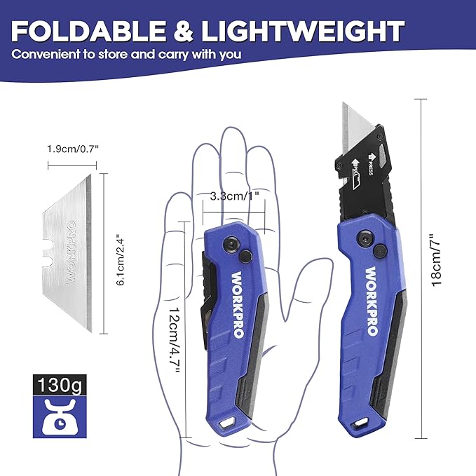 WORKPRO Folding Utility Knife, Quick Change Box Cutter, Razor Knife for Cartons, Cardboard, Boxes, Blade Storage in Aluminum Handle, 13 Extra Blades Included (Blue)
