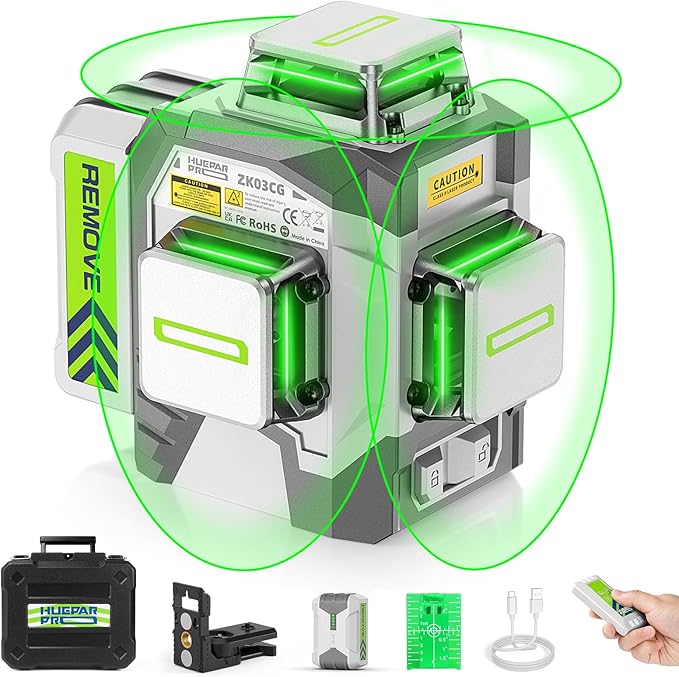 Laser Level 360 Self Leveling, Huepar Pro 3x360°High Accuracy Green Cross Line Laser for Construction and Picture Hanging, 12 Lines Level Laser Tool with 8000mAh Rechargeable Battery & Remote Control