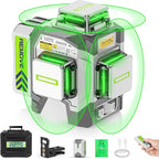 Laser Level 360 Self Leveling, Huepar Pro 3x360°High Accuracy Green Cross Line Laser for Construction and Picture Hanging, 12 Lines Level Laser Tool with 8000mAh Rechargeable Battery & Remote Control