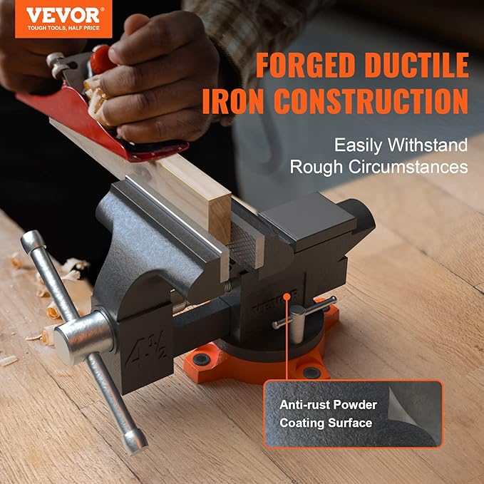 VEVOR Bench Vise, 4.5-inch Jaw Width 3.3-inch Jaw Opening, 240-Degree Swivel Locking Base Multipurpose Vise w/Anvil, Heavy Duty Cast Iron Workbench Vise w/Bolts & Nuts, for Drilling, Pipe Cutting