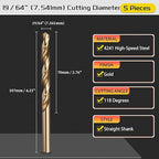 Drill Bit, 19/64" Cutting Diameter (7.541mm), 4241 HSS Gold 118° Cutting Angle Versatile Jobber Bits - (Applications: for Drilling Plastic Wood Soft Thin Metal), 5-Pieces