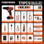 COMOWARE 171-Piece Home Tool Kit with Drill, 20V Cordless Power Drill Combo Set, Complete Household Repair Tools for Men & Women in Garden, Office, DIY Projects