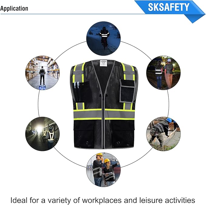 SKSAFETY 10 Pockets Safety Vest, Class 2 High Visibility Security with Zipper Double-sided mesh, Hi Vis Vest with Reflective Strips, ANSI/ISEA Standard, Construction Work Vest （Black, 5XL）