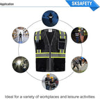 SKSAFETY 10 Pockets Safety Vest, Class 2 High Visibility Security with Zipper Double-sided mesh, Hi Vis Vest with Reflective Strips, ANSI/ISEA Standard, Construction Work Vest （Black, 4XL）