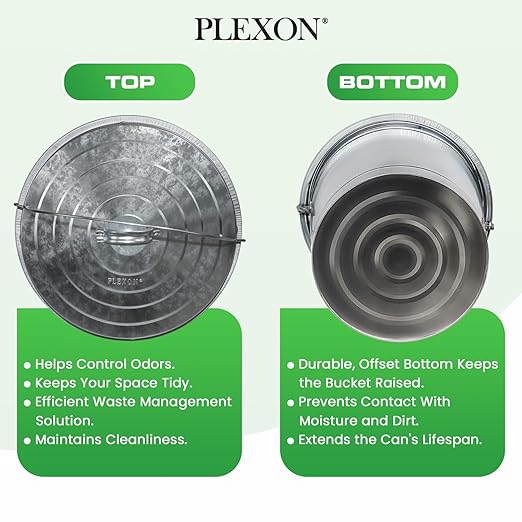 Plexon Metal Trash Can with Locking Lid Outdoor Storage Bucket for Bird Seed Ash Galvanized Steel 10-Gallon 2 Pack