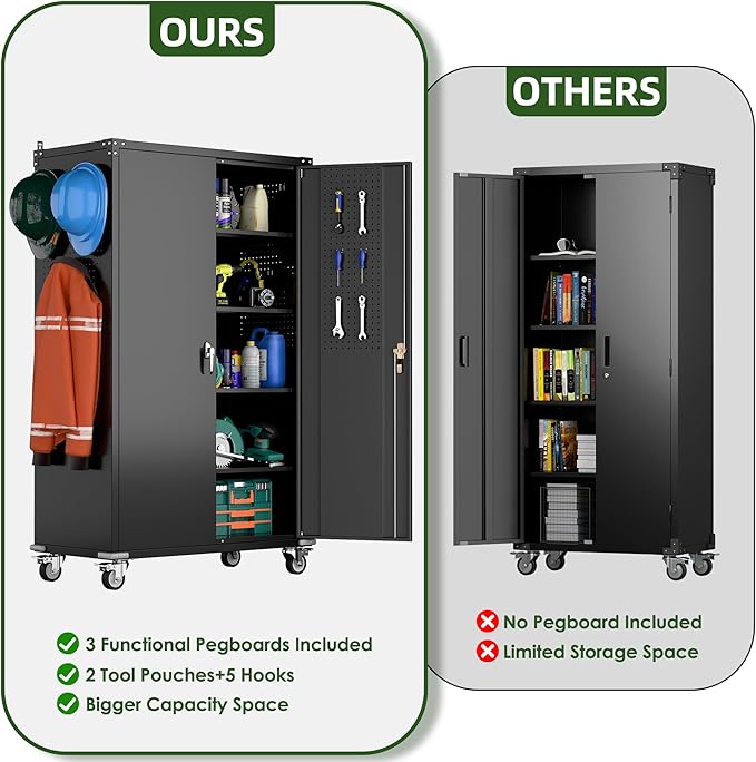 Metal Storage Cabinets on Wheels, 72.05" Steel Lockable Tool Cabinet with Shelves Pegboards Hooks for Home Office School Garage Warehouse Utility Room, Assembly Require, Black