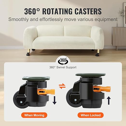 VEVOR Leveling Casters, Set of 4, 2200 lbs Total Load Capacity, 2 inches, Heavy Duty with Upgraded Handle Design, 360 Degree Swivel Caster Wheels, Adjustable Casters with Feet for Workbench, Machine