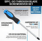 12-Piece Magnetic Screwdriver Set, Heavy Duty Screwdriver Set Go-Thru Steel Blades, High Torque 6 Phillips & 6 Flat Head Tips Screwdrivers Set with Case